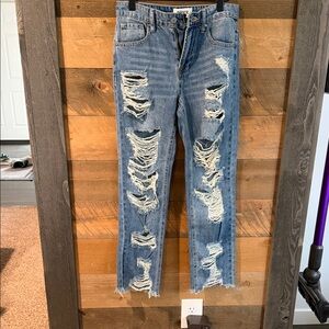 Ripped Blue Denim Ankle Jeans